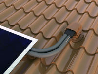 Uniwersalne blachodachówkowe przejście dachowe dla kolektorów słonecznych VILPE brązowe na dachu.